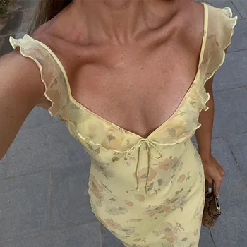 Women's Floral Cami Dress Slim Tie Bow Deep V Neck Backless Ruffle Spaghetti Strap Long Bodycon Dress for Party Club 1
