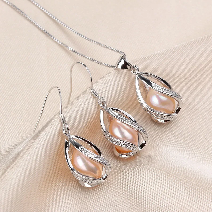 100% Natural Freshwater Pearl Jewelry Sets For Women Fashion 925 Sterling Silver Earrings+Pendant Wedding Jewelry With Box 3