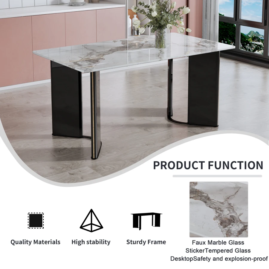 Table and chair set. 1 table and 4 black PU cushioned golden color leg chairs. White imitation marble tabletop MDF table legs w 5