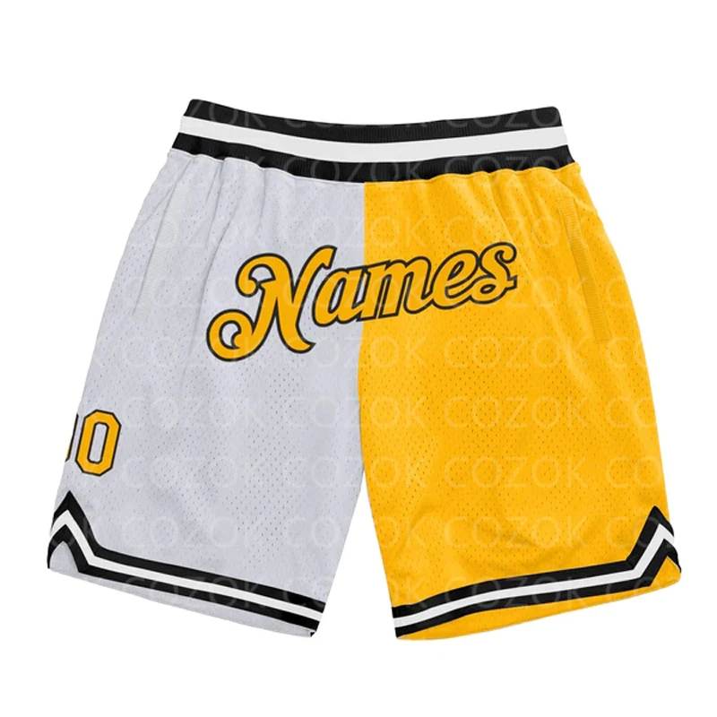 

Custom White Yellow splice Authentic Basketball Shorts 3D Printed Men Shorts Your Name Mumber Quick Drying Beach Shorts