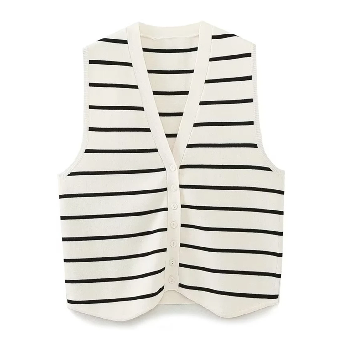 

Withered Fashion Striped Knitted Tank Tops Casual Single Breasted Short Vest Jacket Women