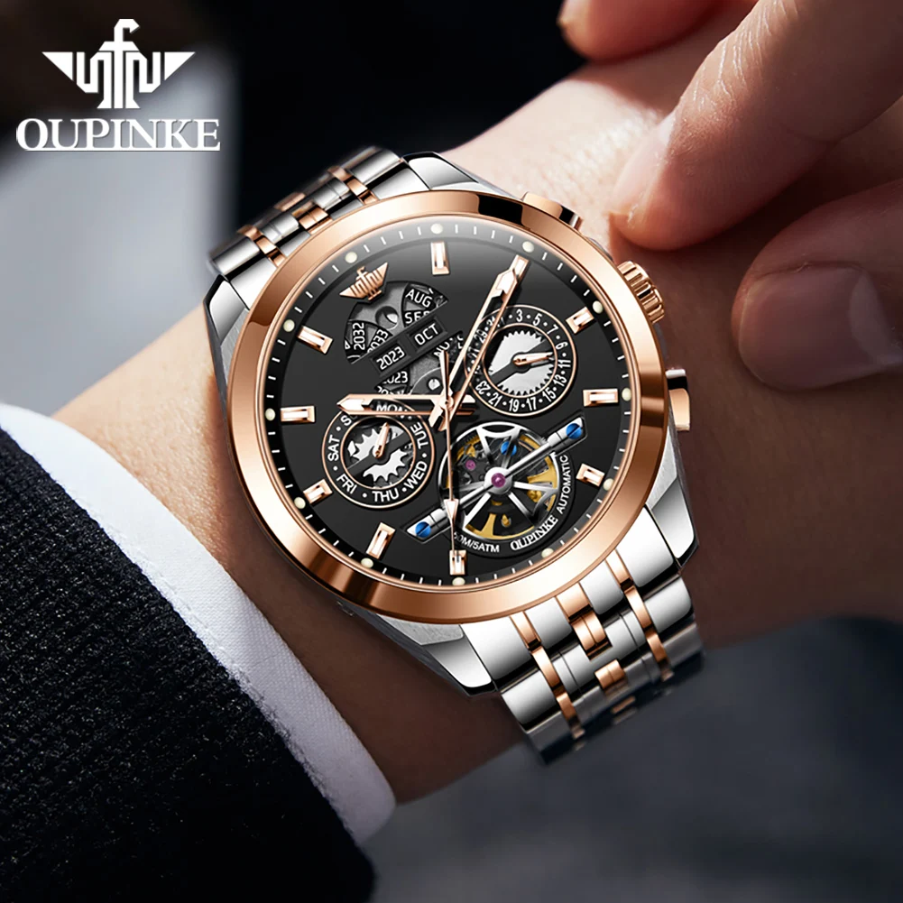 OUPINKE Automatic Watch Skeleton Stainless steel Wristwatch Calendar Week Multifunctional Waterproof Sapphire Mirror Men's Watch