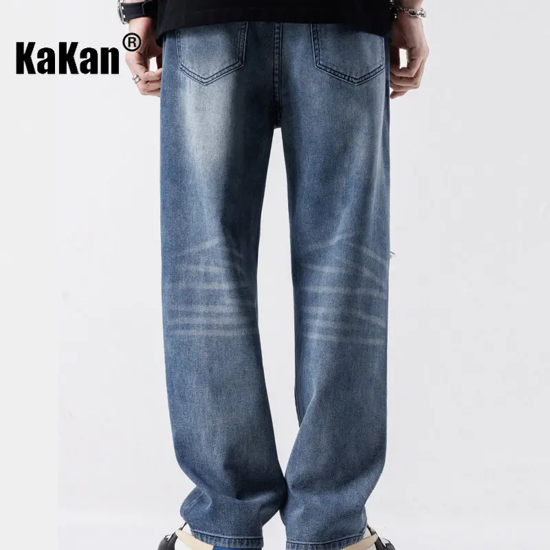 Kakan - Washed Loose Distressed Jeans Men's Wear, Versatile Style Straight Leg Wide Leg Casual Blue Long Jeans K24-JD192