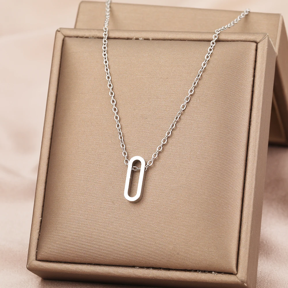 Stainless Steel Necklaces Geometric Rounded Rectangle Pendants Chains Choker Fashion Male Necklace For Women Jewelry Party Gifts - Image 2