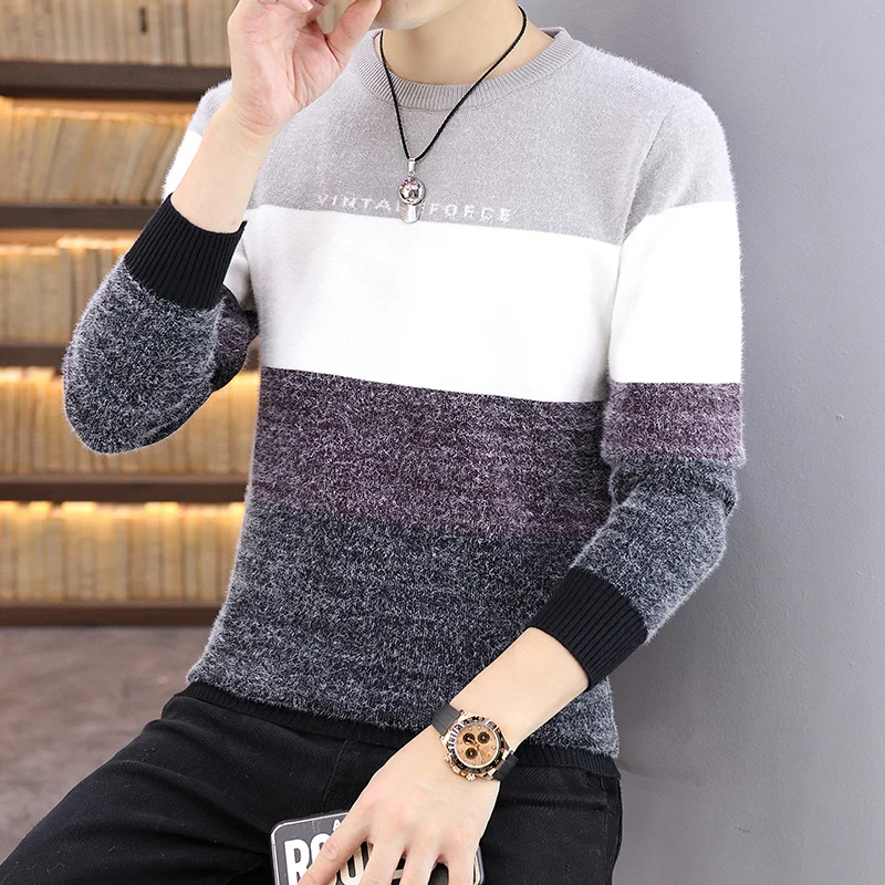 Round neck mink wool sweater men's Korean version plus velvet thickening in autumn and winter with a bottoming shirt trend line