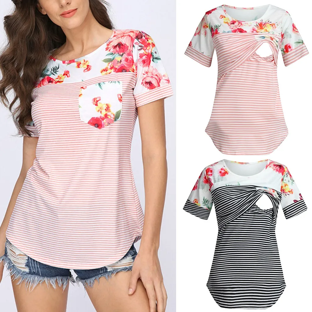 T Shirt Summer Women Pregnancy Maternity Short Sleeve Floral Stripe Nursing Top For Breastfeeding