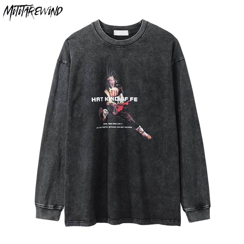 

Spoof Kung Fu Character Print T-shirts Men High Street Washed Old Long-sleeved Graphic T Shirts Casual Loose Tops Tees 2023
