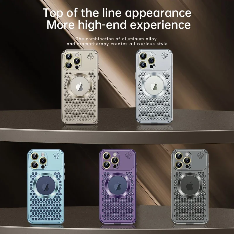 Aromatherapy Metal Mesh Case For iPhone 15 14 13 Pro Max MagSafe Wireless Charging With Camera Lens Protection Hole Logo Cover