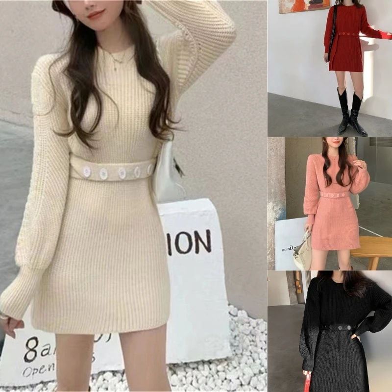 

Women Casual Knit Sweater Dress Long Sleeve Belted Bodycon Pullover Mini Dress