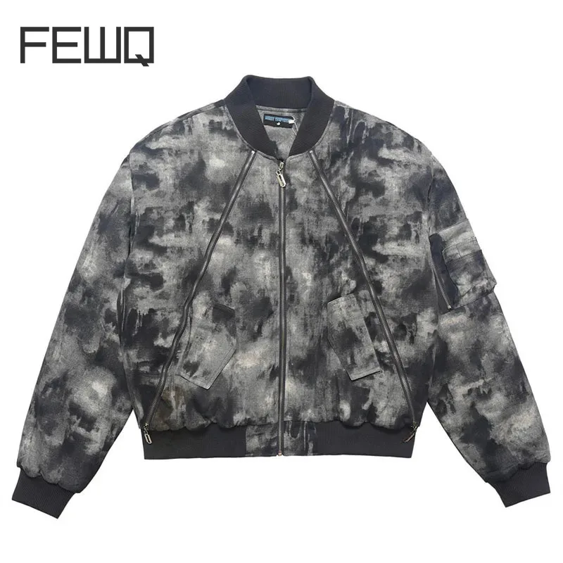 

FEWQ men's jacket Tie dyed camouflage thickened cotton coat trendy high street design zipper stitching 2023 male tops