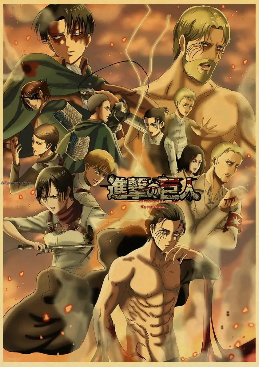 Cartaz Japonês Clássico Anime Attack on Titan, Decoração do Quarto