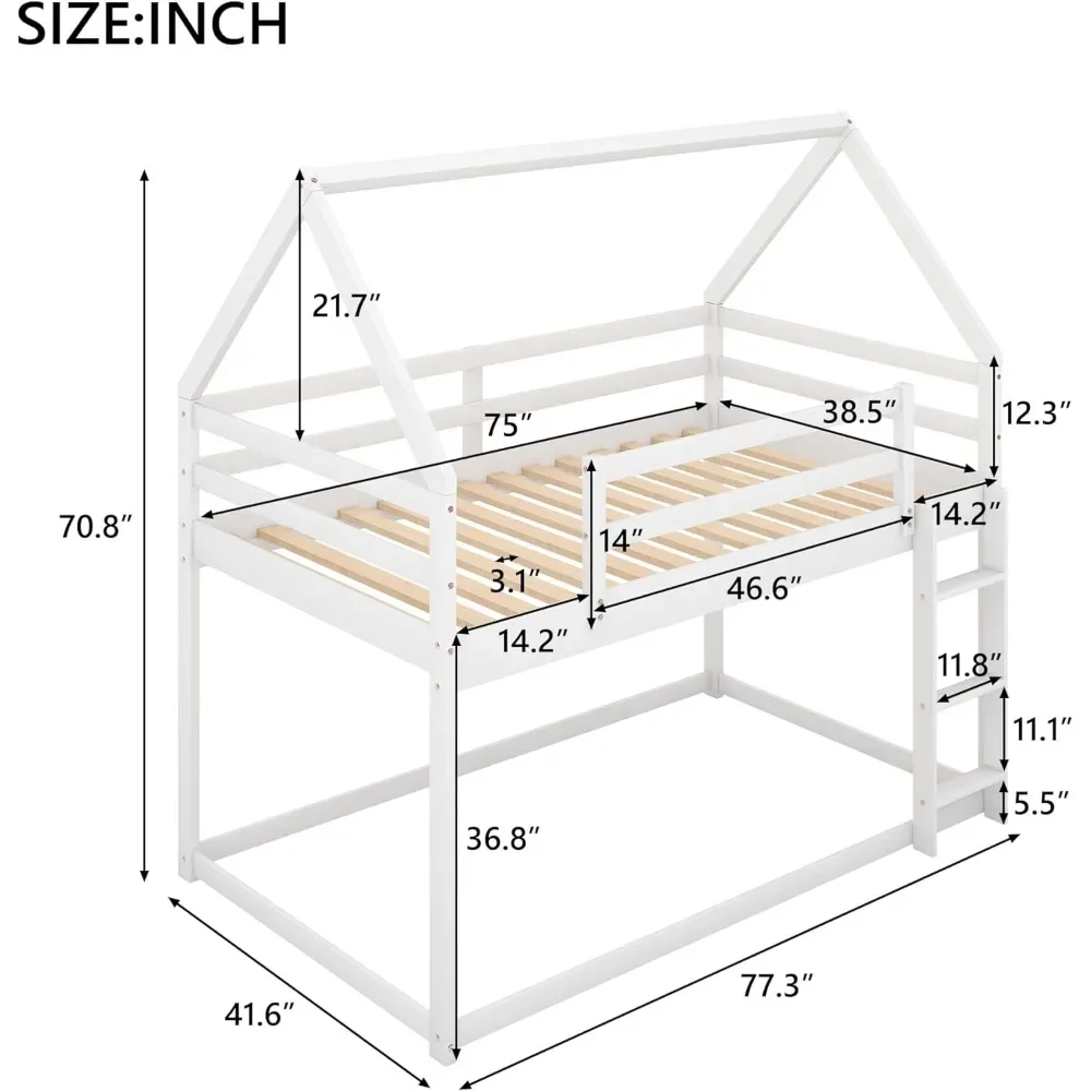 NEW-Bellemave Twin Over Twin House Bunk Bed for Kids,Floor Low Bunk Beds with Ladder and Guardrails,Solid Wood Twin Size Bunk Be