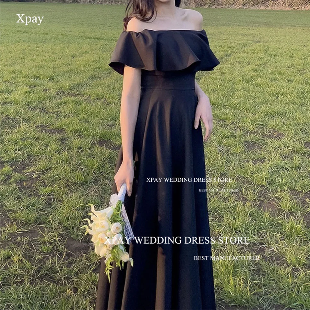 

XPAY Ruffles Ruched Black Evening Dresses Off Shoulder Bride Wedding Photos Shoot Short Pleats Elegant Formal Prom Party Gown