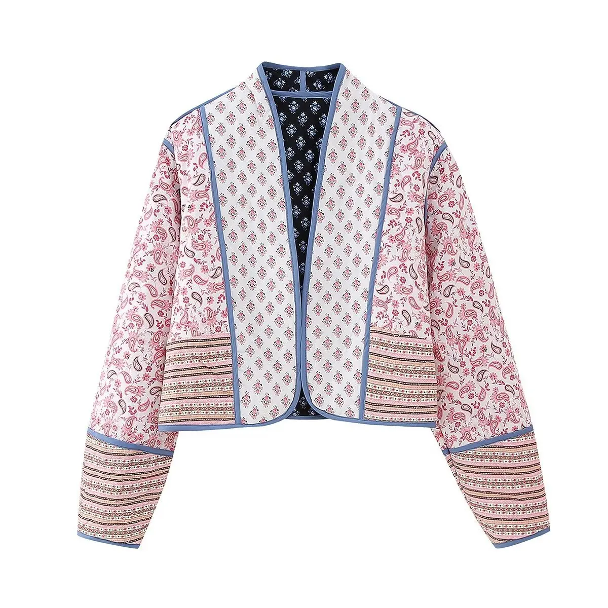 2023 Fashion New Printed Two in One Cotton Jacket Women Vintage Long Sleeve Short Cardigan Autumn Winter Ladies Chic Streetwear