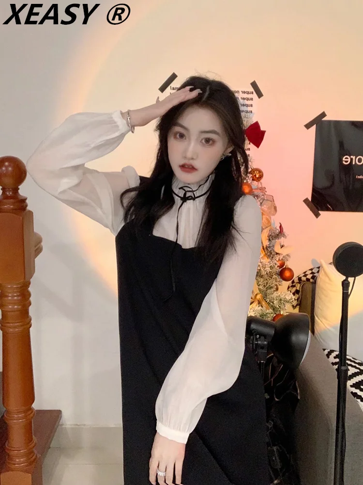 

XEASY Casual Dresses For Women 2022 Vintage Black Patchwork Knitted Dress Long Sleeve Women Clothing Mini Dress