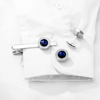 Fashionable Men's French Shirt Accessories Round Blue Crystal Cufflinks Diamond Embedded Sleeve Studs Tie Clip Wedding Gift 4