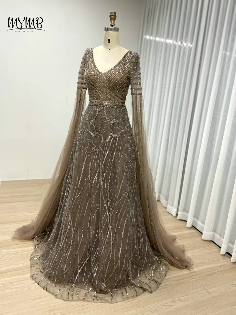 MYMB Maßgeschneiderte Cape-Ärmel A-Linie Elegante Hochzeit Prom Party Kleider Arabisch Wunderschönes V-Ausschnitt Perlen Puffy Abendkleid MB40289 – Detail 14