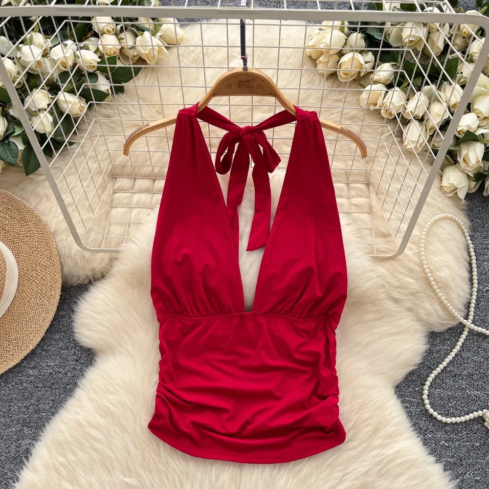 Sexy Pleated V-neck halter backless Slim Blouse Elegant Korean Fashion Top  Sexy Shirt Summer Women Clothing - AliExpress 200000345