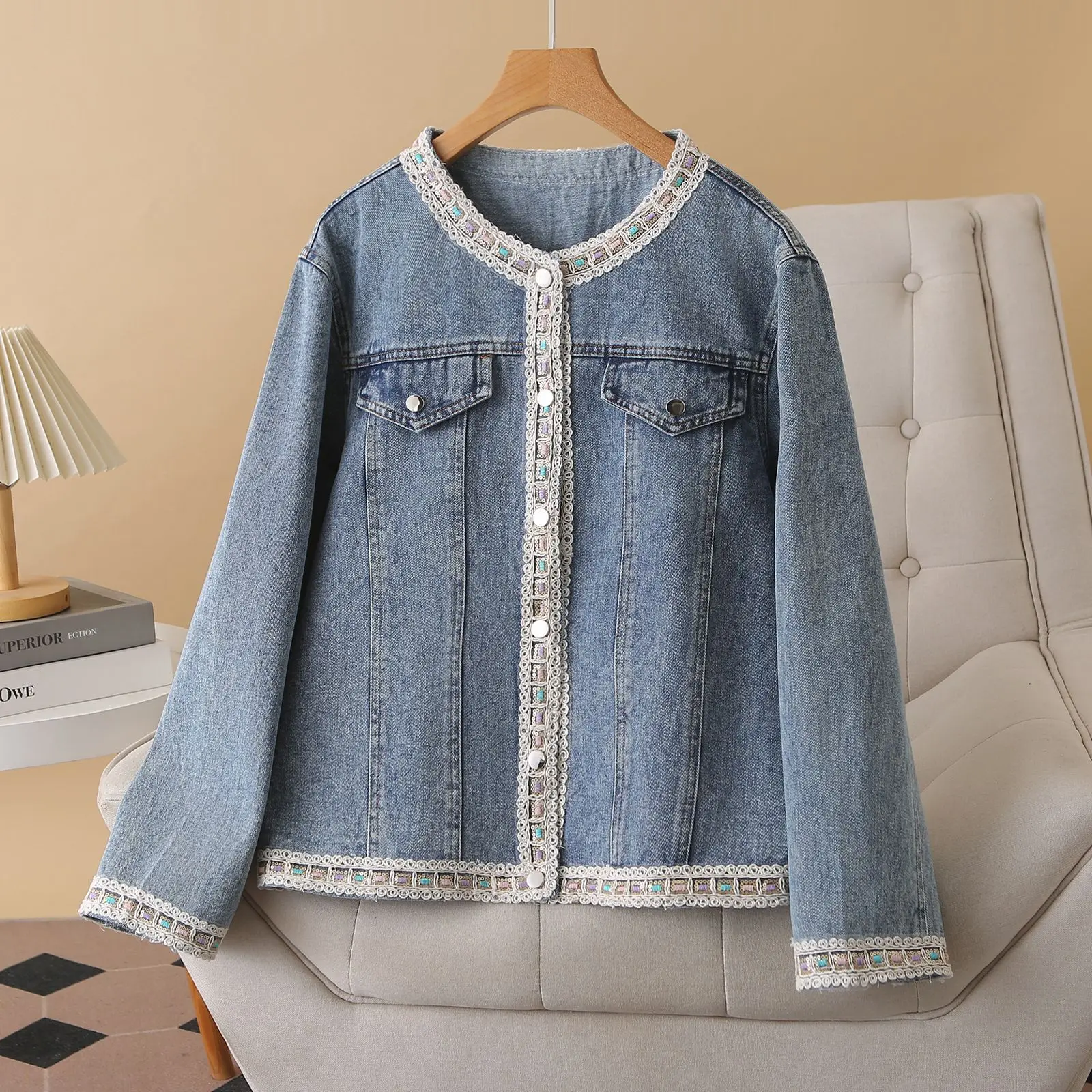 Fashion Plus Size Women's Denim Jacket Autumn Chic Stylish Casual Sequined Lace O-Neck OUTERWEAR 8315