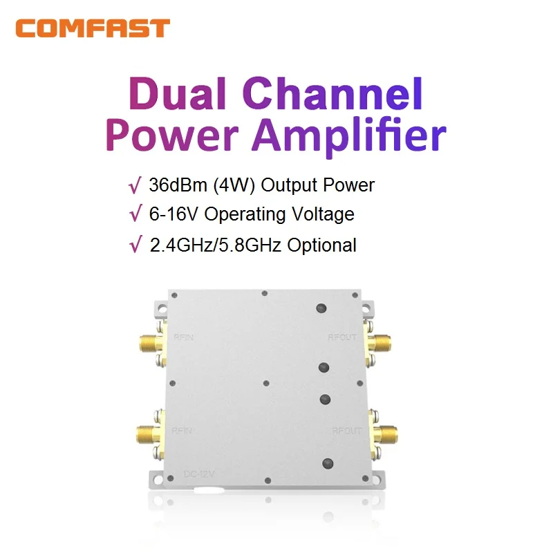 Vue de face de l'amplificateur WiFi 36dBm 4W montrant les connecteurs et indicateurs LED