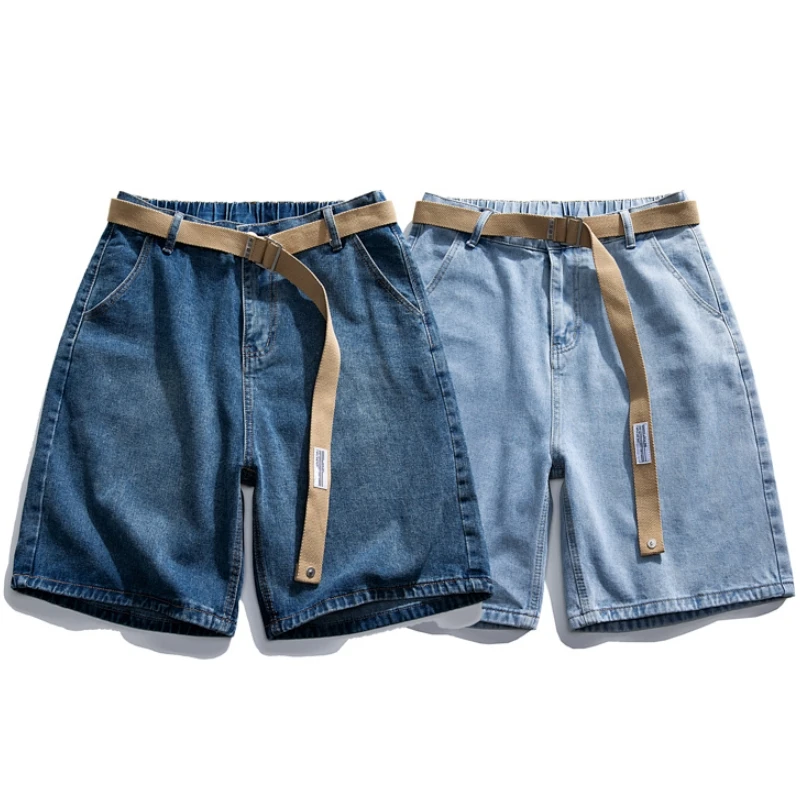 CUMUKKIYP Vintage Denim Shorts with Wide-leg Design and Belt for Men