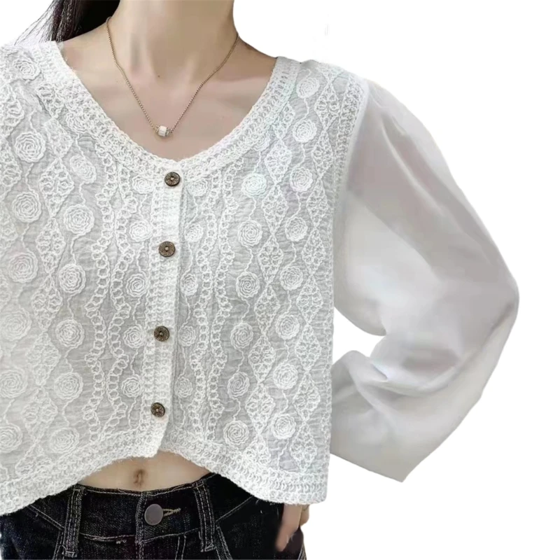Woman Knitted Crop Tops Vintage Long Puff Sleeve Knitwear Tops Patchwork Cardigans Crochet Blouse Short Tops Street Wear N7YF