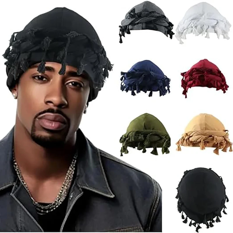 

Men Hat Punk Burr Trim Twisted Tail Fringe Cotton Bandana Hat Hop Turban Hats Head Wrap Beanie Cap Solid Color
