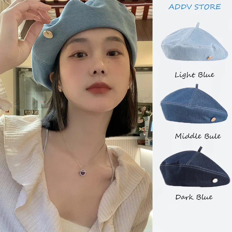 

Women's Niche Big Head Circumference Japanese Denim Beret Summer Metal Label Octagonal Hat Showing Face Little Painter Hat