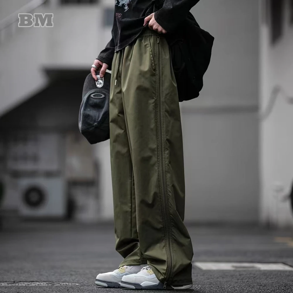 Mens Outdoor Streetwear Sport Pants Quick Dry Techwear Long Loose Straight Breathable Mesh Side Zipper Trendy Fitness Sweatpants