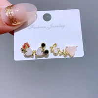 4pcs/set Small Love Heart Mouse Cartoon Stud Earrings Gold Color Women Girls Cubic Zircon Gift Jewelry 1