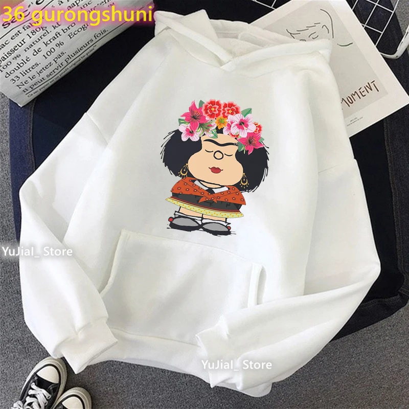 Cute Mafalda Flowers Cartoon Cap Hoodies Women Clothes 2023 Harajuku Kawaii Hoodies Girls Long-Sleeved Winter Tracksuit Femme