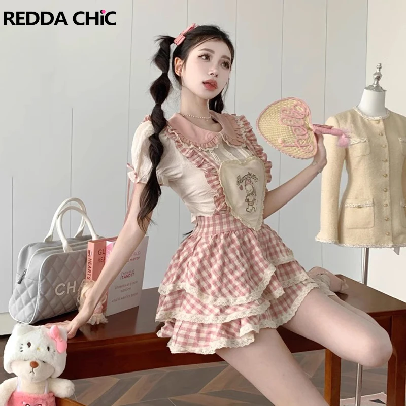 

REDDACHiC Babydoll Puff Sleeves Shirt Blouse Top Plaid Mini Skirt Women 2-piece Set Frill Lace Trim Kawaii Lolita Maid Costumes