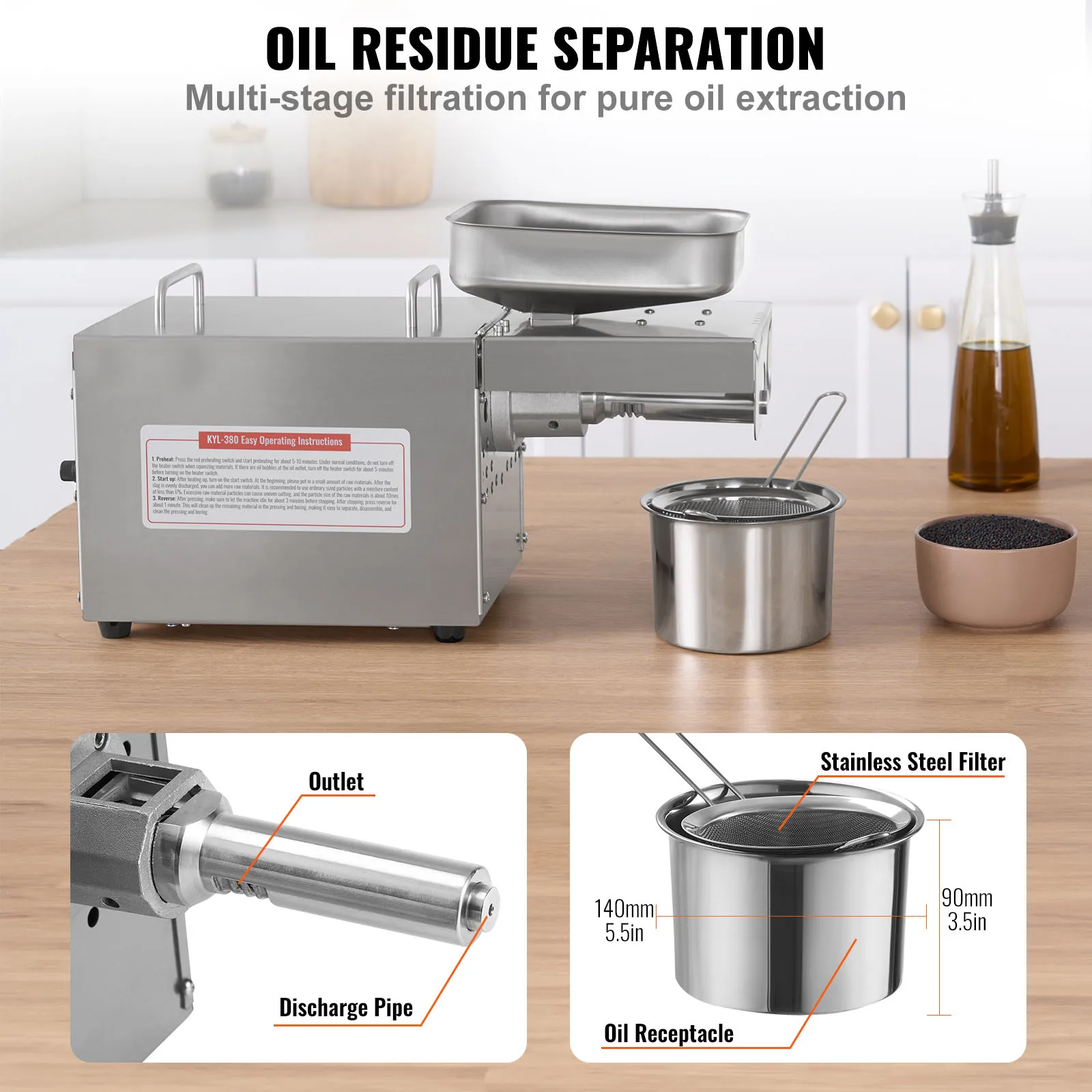 VEVOR Electric Oil Press Machine, 700W Stainless Steel Oil Extractor Machine, 140℃ Constant Temperature, Hot Press Oil Expeller 4