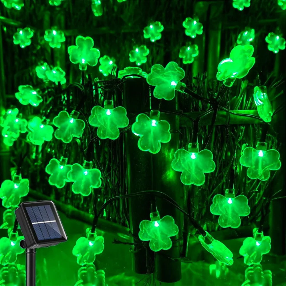 Solar St Patricks Day Decorations Shamrock String Lights Lucky Clover Green Lights Outdoor Waterproof 8 Mode Light 066 2