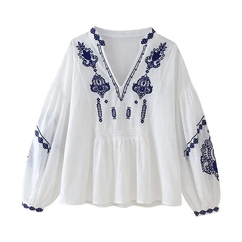 

TRAF Women Embroidered Shirts Fashion Puff Sleeve Shirt Female Blouses Spring Summer Vintage Tops