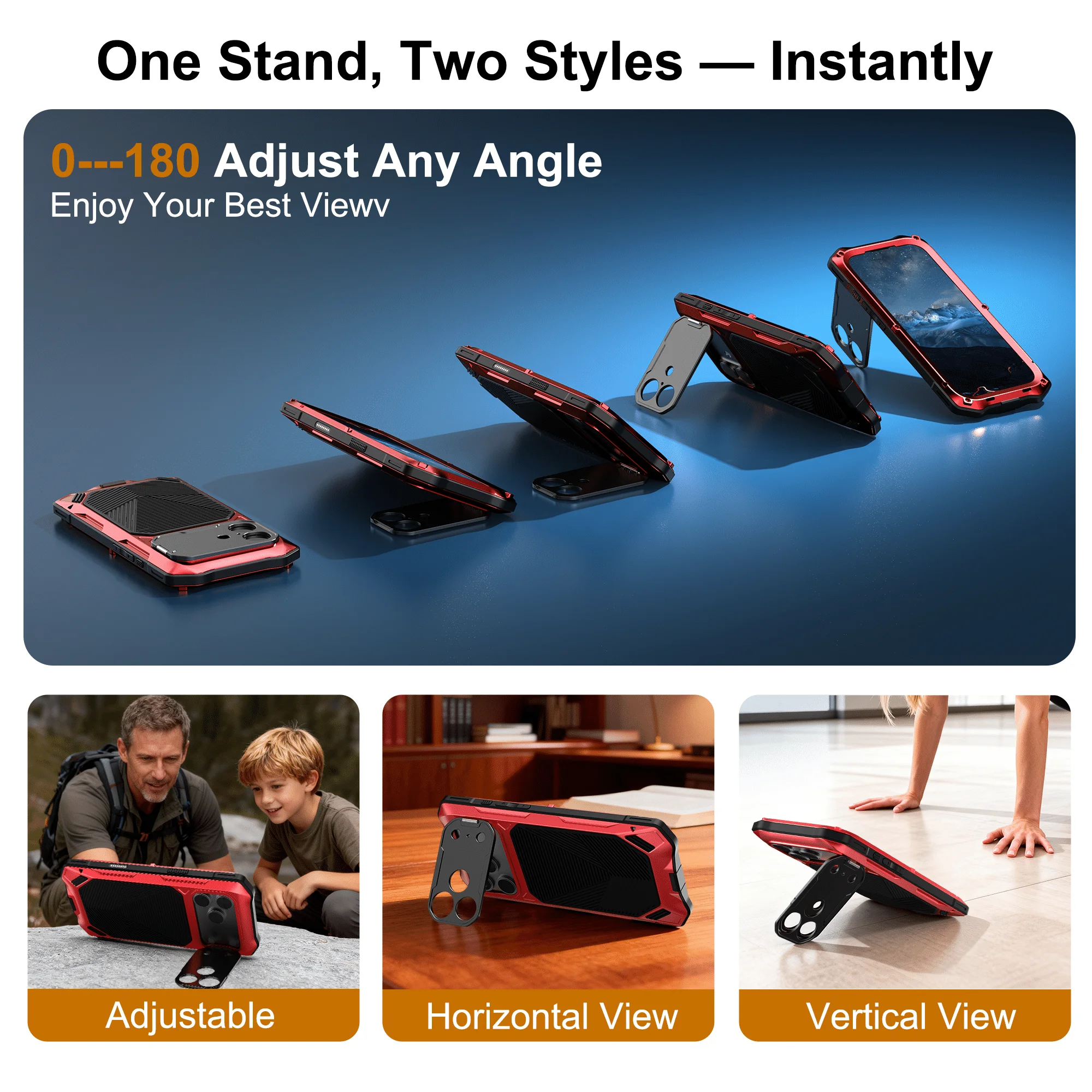 Premium Air Metal Case with Built-in Tempered Glass & Camera Stand - Heavy Duty Full Body Shockproof Cover