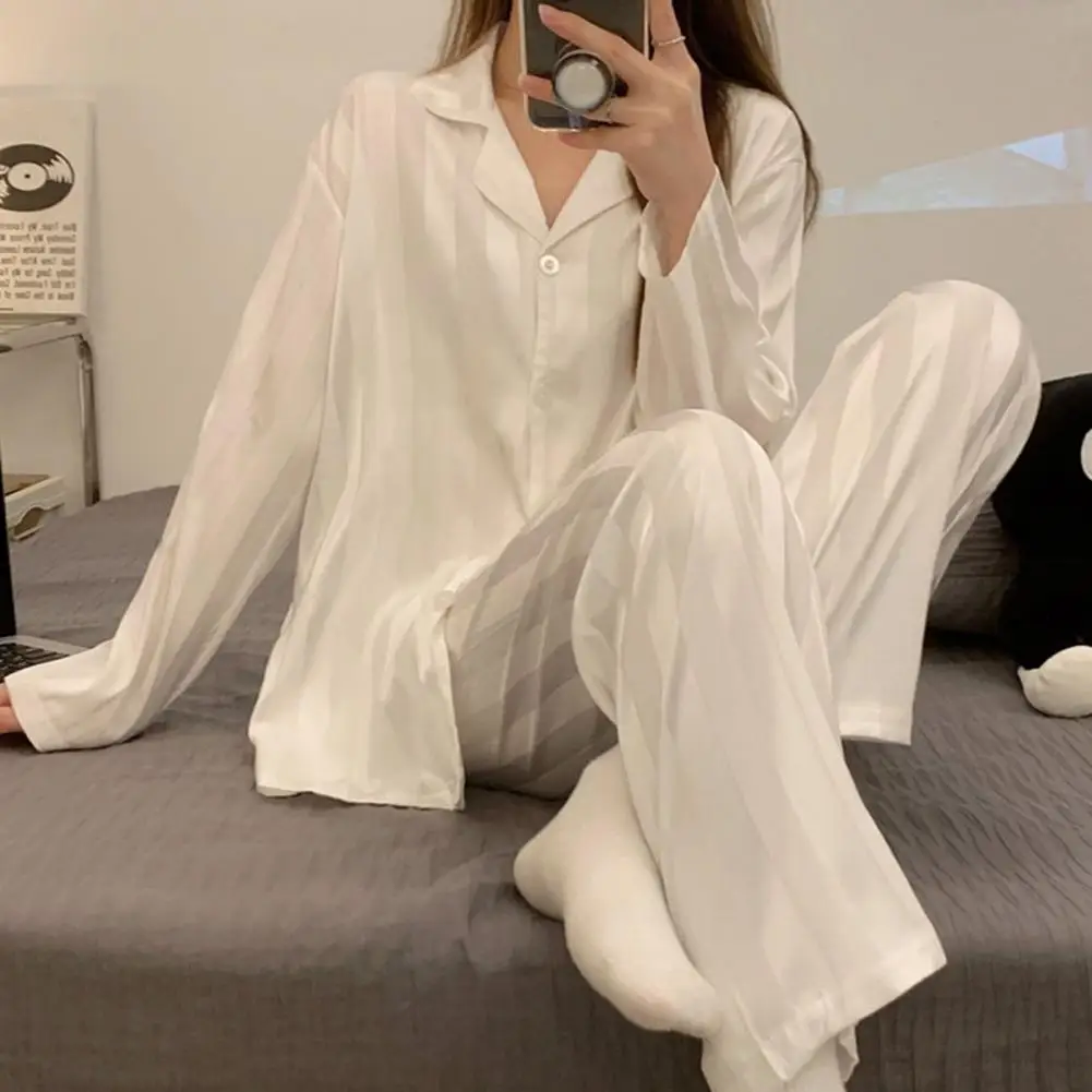 

2 Pcs/Set Women Spring Summer Pajama Set Striped Silky Ice Silk Lapel Long Sleeve Loose Single-breasted Wide Leg Homewear Shirt