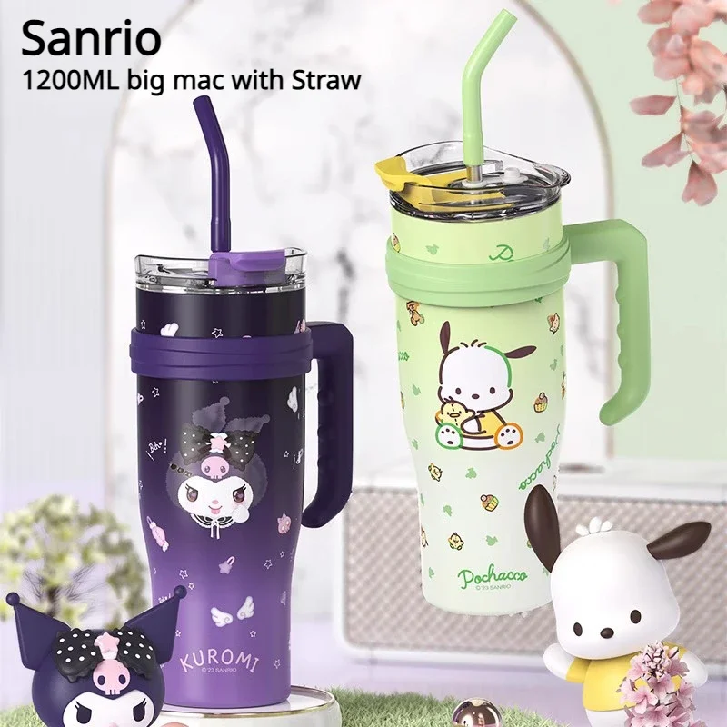 Autunno Super Cute Sanrio My Melody Kuromi Cinnamoroll Kitty Thermal Bottle Big Mac 1200Ml Con Paglia Thermos Mug Girls Office