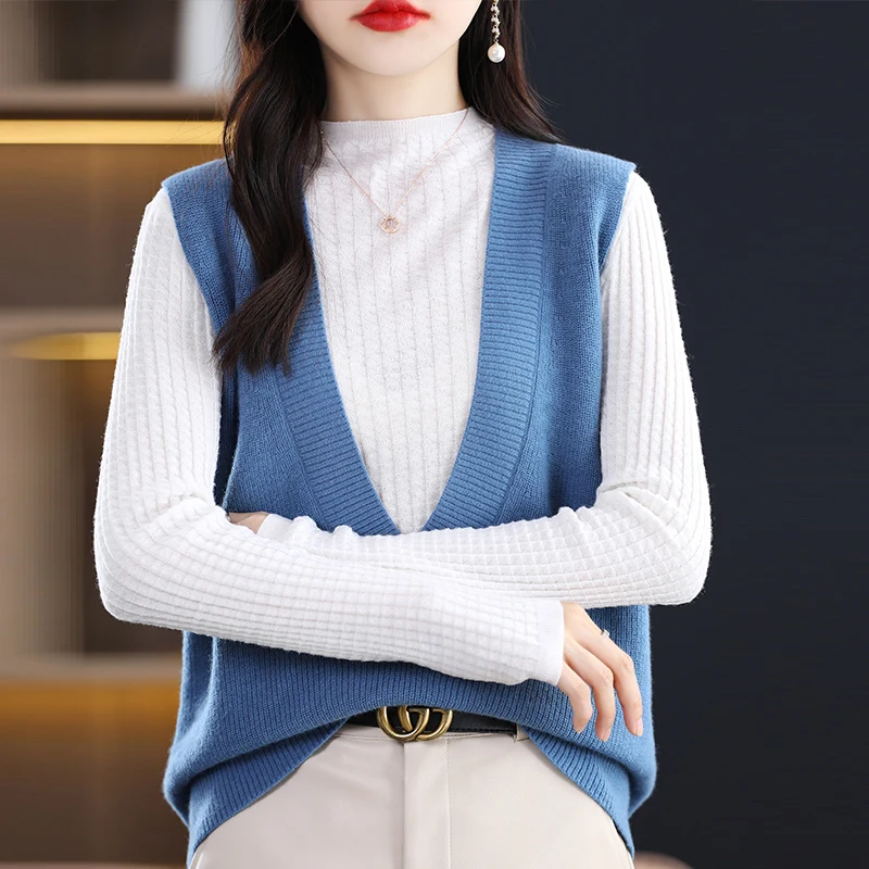 

Autumn and winter 100% pure wool V-neck knitted vest loose Joker sleeveless solid color sweater vest