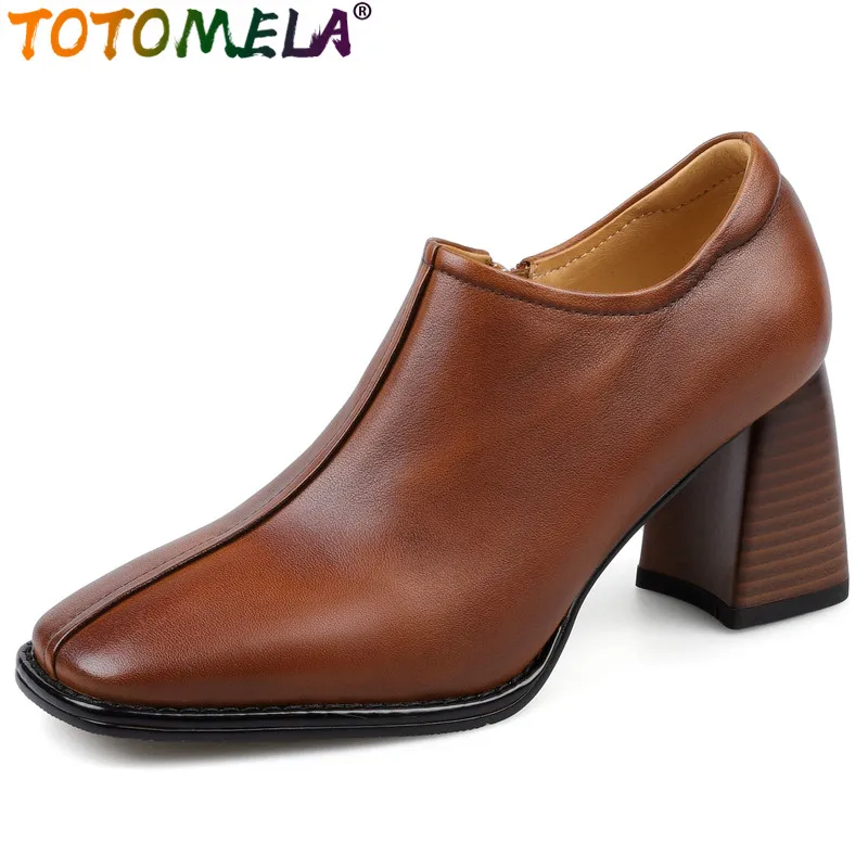 

TOTOMELA 2024 Size 34-40 New Square Toe Genuine Leather Shoes Women Vintage Ladies Zipper Spring Shoes Thick High Heels Shoes