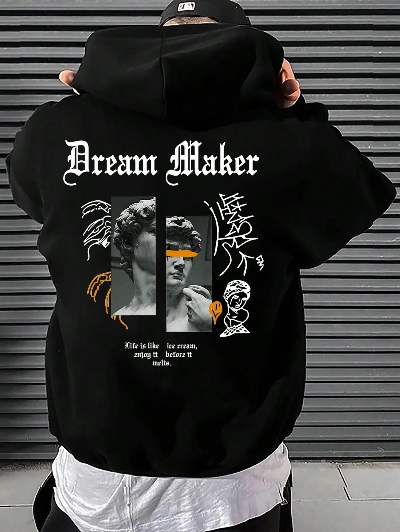 

Dream Maker Brave Sculpture Pattern Mens Clothes Creative Pocket Hoodies Hip Hop Autumn Streetwear Fleece Casual Male Clothing