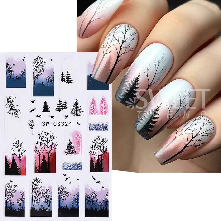 2pcs Christmas Nail Stickers Winter Tree Snow Mountain Cable Car Skiing Flying Birds Nail Decals Sliders DIY Manicure Decoration