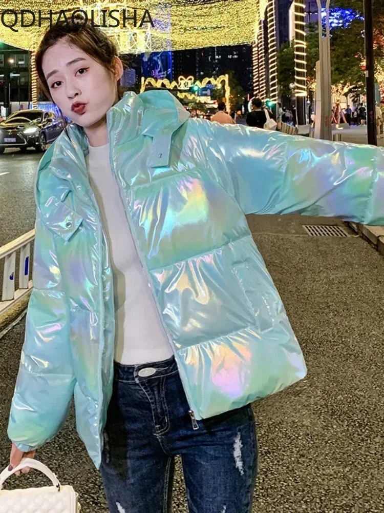 

Женские глянцевые парки, модная теплая короткая пуховая хлопковая куртка в Корейском стиле, зимняя женская одежда, однотонный элегантный толстый Топ с длинным рукавом