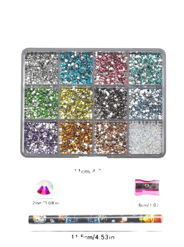 12칸 6000개 3D 레진 네일아트 라인스톤 도구 포함 2mm 브릴리언트 다이아몬드 네일 참 DIY 의류 휴대폰 케이스용