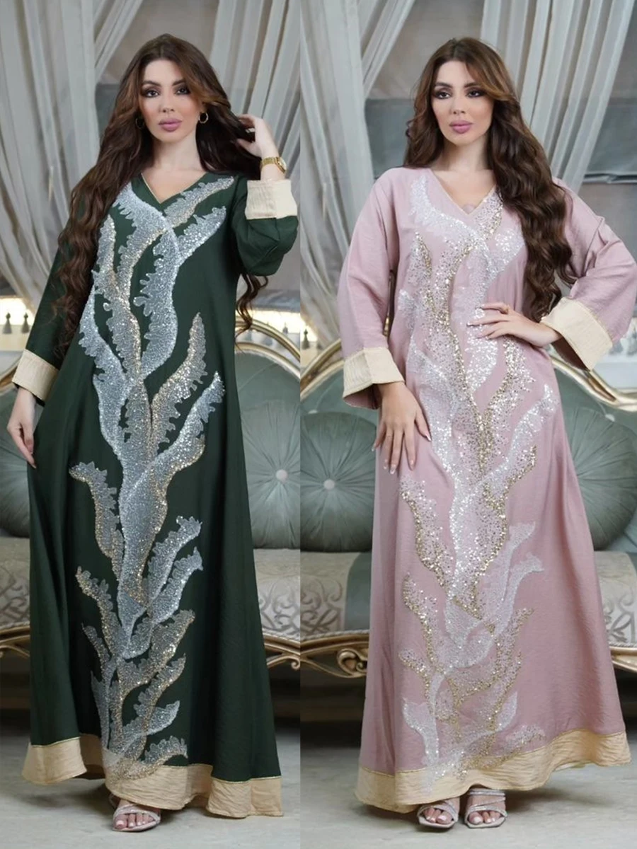 Eid Jalabiya Sequins Muslim Party Dress for Women Abaya Lace-up Arab ...