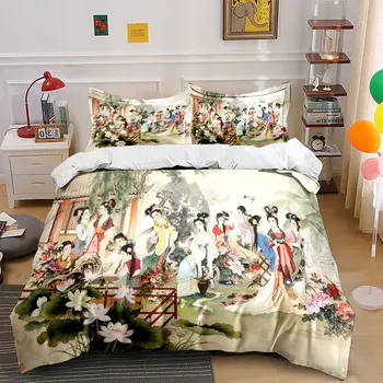 Chinese Ancient Painting Bedding Set,3pcs Elegant Traditional Lady Art Duvet Cover Set,Soft Home Decor Bedding for Bedroom,gift 1