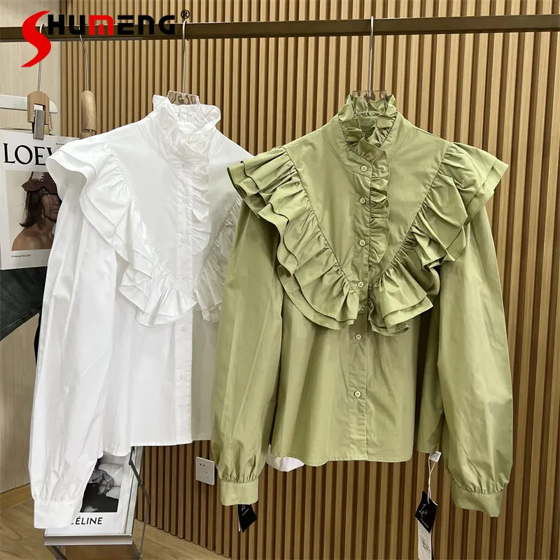 

Korean Style Stringy Selvedge Stand Collar Ruffled Profile Long Sleeve Shirt Top Special-Interest Design Bandage Blouse