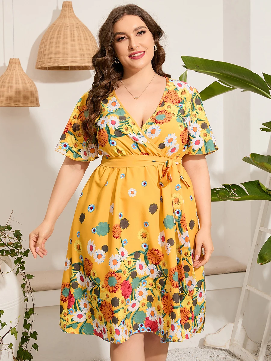 4xl 5xl Plus Size Midi Dress Women 2022 Summer V Neck Short Sleeve Floral  Print Yellow Dress for Women Large Size Beach Dresses