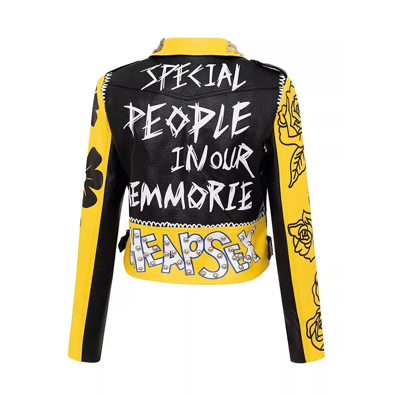 Graffiti Print Faux Leather Cropped Jacket for Women 2024 Trend Punk Style Streetwear Studded Motorcycle Leather Jacket S-XXXL