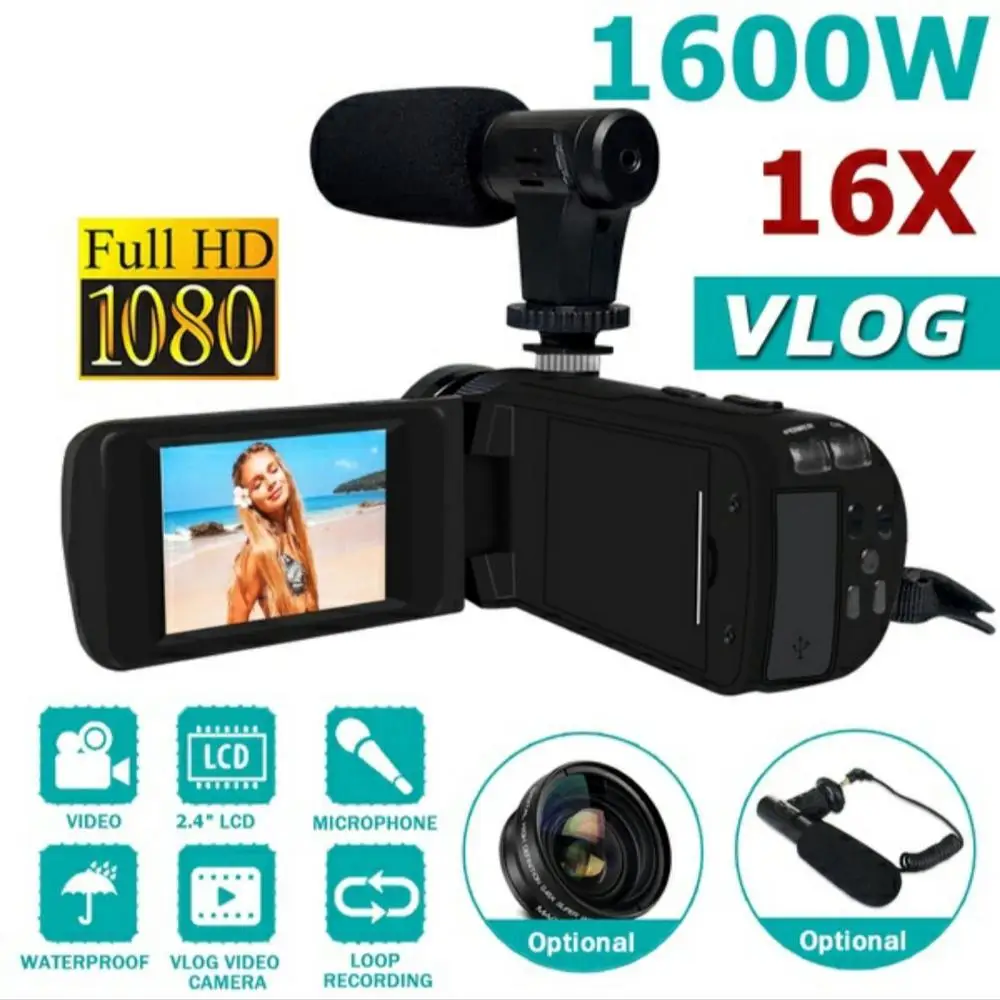 HD 1080P Professional Digital Video Camera Vlog Camcorder W/Microphone Photography 16 Million Pixels Camera Portable Gift DV